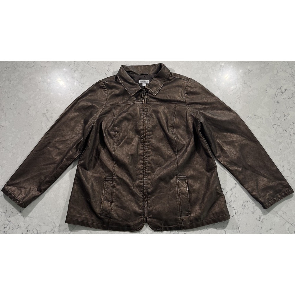 Susan Graver Liquid‎ Leather Jacket Womens 1X Plus Brown Full Zip Faux Classic